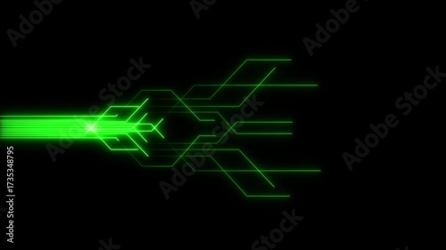 Glowing straight neon laser line animation moving horizontally from right to left on a black screen with futuristic light streak effects.4k Animation video.