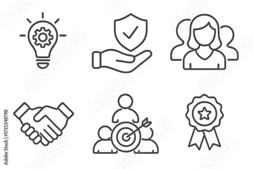 Core values web icon set in thin line style. Business ethics symbols for innovation, integrity, customer focus, teamwork, goals, partnership, quality and achievement.