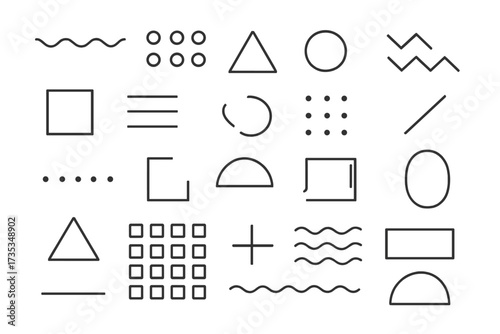 Universal trend geometric shapes. Set of vector memphis design elements. Minimalist aesthetic lines for web, vintage advertisement, commercial banner, poster, leaflet, sale.