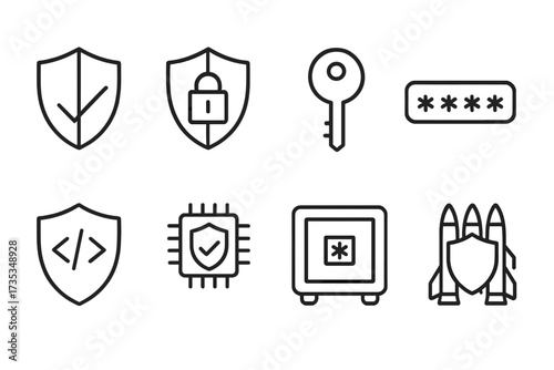 Cybersecurity line icon set. Vector symbols for digital defense, data protection, password, encryption, firewall, and network security. Shield, lock, key, safe, and code icons.