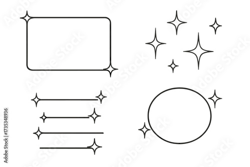 Y2k star border frame set. Collection of minimalist retro aesthetic line elements. Modern vintage sparkle shapes for poster or advertisement. Abstract vector graphic dividers.