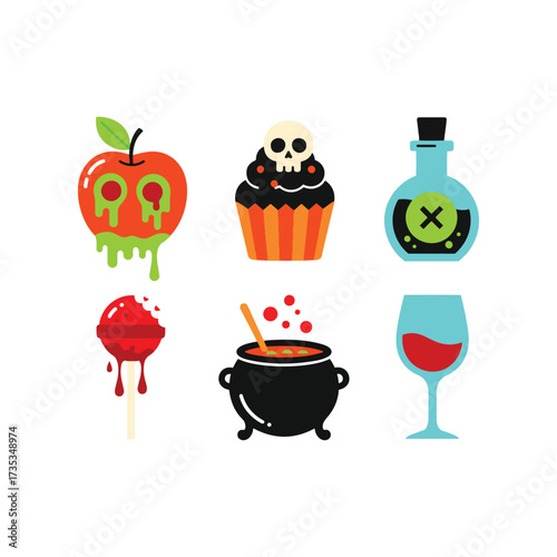 Halloween treats: apple, cupcake, potion, lollipop, cauldron, and wine.