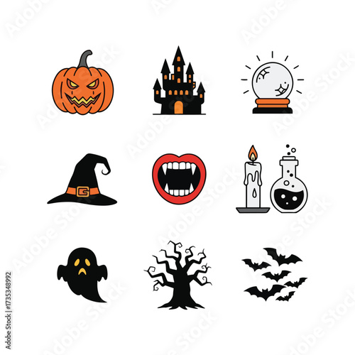 Spooky Halloween Icons A Comic and Mystic Clip Art Set for Invitations and More, Featuring Pumpkins, Ghosts, Bats, and Scary Collections