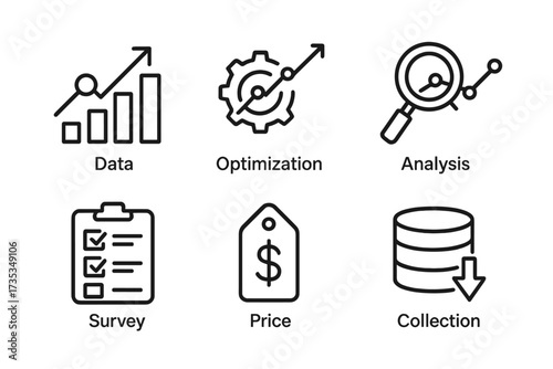 Data analysis and statistics icon set. Concept business optimization, financial report, market research survey, price strategy, information collection. Vector line icons.