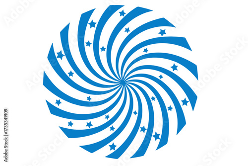 Swirling radial stars background vector. Vortex starburst spiral pattern with helix rotation rays. Abstract fun sun light beams illustration for patriotic USA or celebration design.