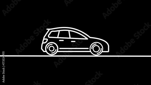 Animated hatchback white icon. Family car line animation. Moving vehicle, spinning wheels. Compact automobile. Isolated illustration on dark background.4k animation.