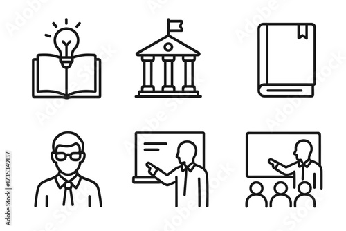 Education and teaching line icon set. University, professor, knowledge, study, and classroom lecture symbols. Thin linear vector graphic pictogram for web and infographic design.