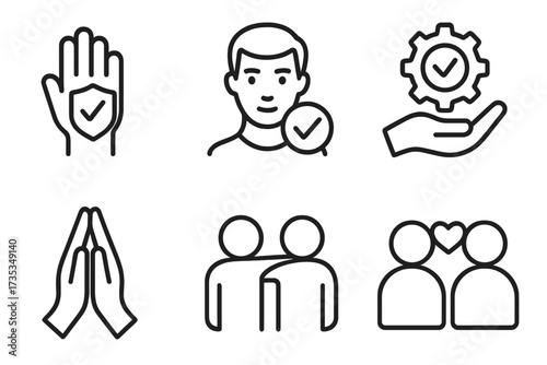 Trust and reliability line icons. Vector icon set of integrity, confidence, and credibility. Symbols for business ethics, empathy, friendship, support, and secure partnership.