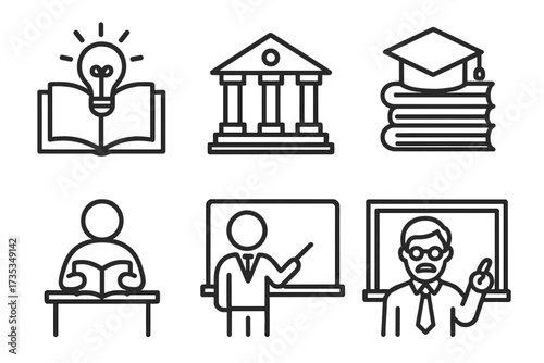 Education and learning line icon set. School, university, and knowledge symbols. Teacher, professor, and student characters. Graduation cap, book, idea lightbulb vector icons.