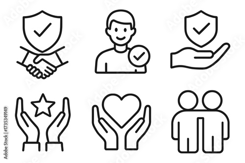 Trust line icons set. Integrity, confidence, reliability and credibility concept. Handshake, shield, guarantee, quality and business ethics vector collection illustration.