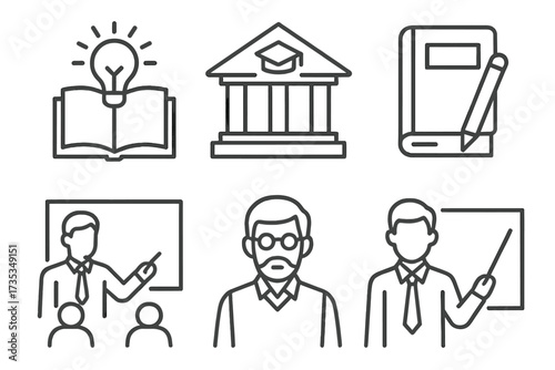 Education line icons. Teaching and learning. University, school, academy. Professor, teacher, student in classroom. Knowledge, study, idea concept. Book, lightbulb, presentation.