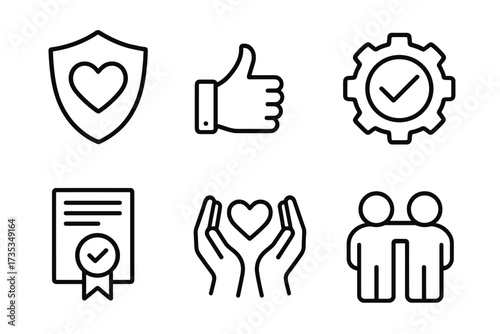 Trust and reliability thin line icon set. Vector symbols for integrity, confidence, credibility, and quality. Icons for guarantee, empathy, friendship, and support.