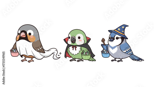 Halloween Birds: A whimsical illustration showcasing a trio of avian companions, each adorned in playful costumes perfect for a festive Halloween. They embody the spirit of the season.