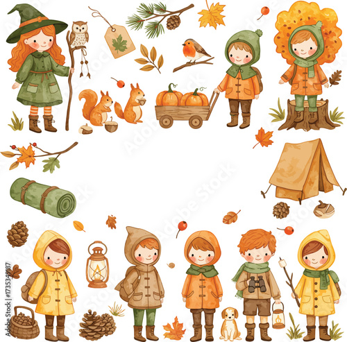 Cute autumn characters and elements for seasonal decorations and crafts