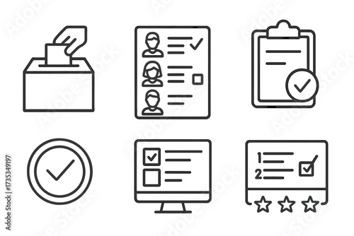 Voting and election line icon set. Vote box, ballot, candidates, form, checklist, online survey, rating. Politics, democracy, poll, choice, feedback concept. Vector symbols.