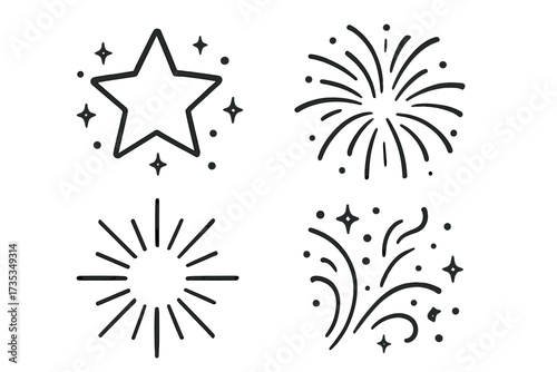 Doodle sparkle and starburst icon collection. Hand drawn vector set with star, firework explosion, sunburst rays and confetti. For magic, clean effect, surprise or celebration.