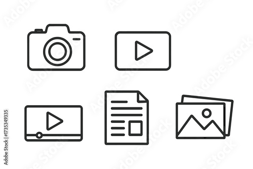 Web content creation icon set in line style. Photo, video, media player, and blogging symbols. Vector illustration collection for UI and UX design and digital marketing.