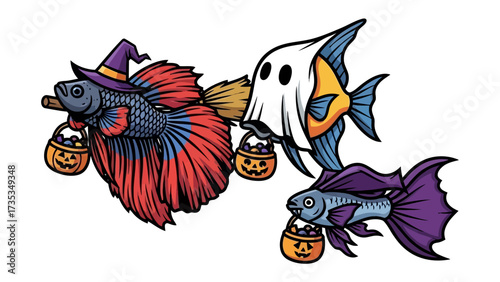 Festive Fishes in Spooky Attire: Whimsical illustration of vibrant fishes adorned with Halloween costumes, each clutching miniature pumpkin treat baskets, bringing festive cheer to the aquatic realm.