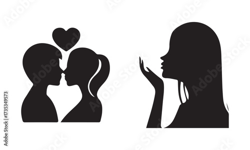 Romantic woman silhouette blowing kiss with hearts illustration