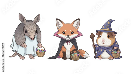 Cute Halloween Trio: Three adorable animals, dressed in charming costumes, gather in a festive arrangement, each bearing a basket brimming with colorful treats.
