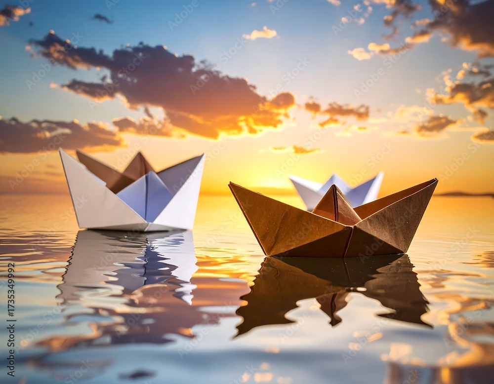 Obraz premium Three origami boats float serenely on calm water at sunset, reflecting in the tranquil surface