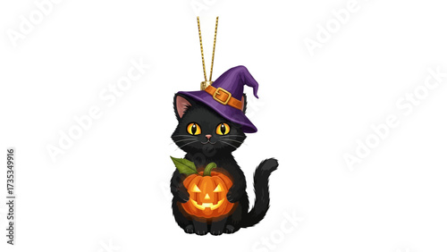 A Halloween's black Cat: A charming black cat adorns a festive witch hat while delicately clutching a carved pumpkin, offering a playful fusion of Halloween delights.