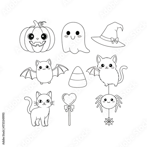 Black and white Halloween-themed illustration featuring a pumpkin, ghost, witch hat, bats, candy corn, cats, lollipop, and spider.