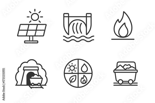 Energy types icon set in line style. Solar panel, hydroelectric dam, fire, and coal mine symbols. Renewable and fossil fuel power sources. Vector illustration for web, infographics.