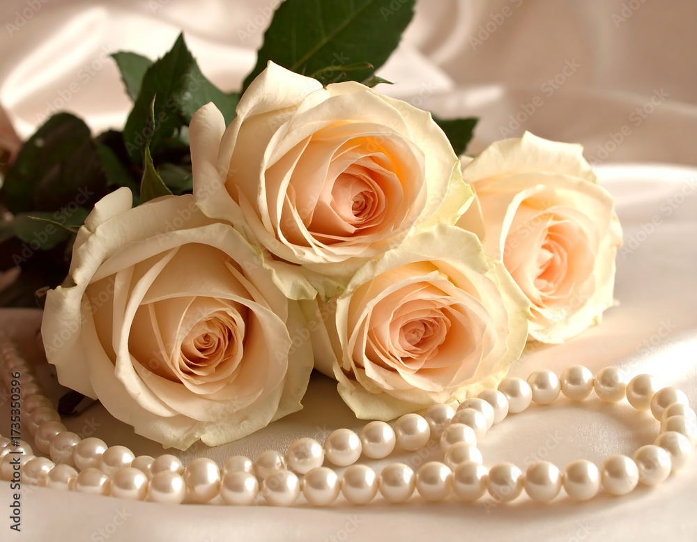 Obraz premium Three pale roses rest on silk fabric, adorned with a pearl necklace