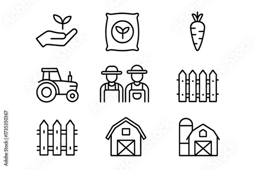 Farming and agriculture line icon set. Vector symbols for organic farm, harvest, and rural life. Includes farmer, tractor, barn, fence, sprout, fertilizer, and vegetables.