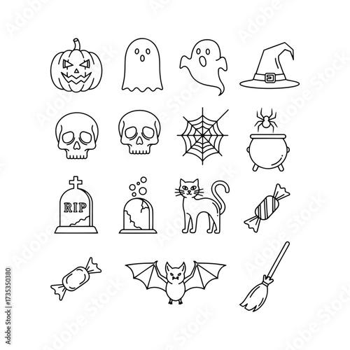 Halloween icons set: pumpkin, ghost, skull, spiderweb, cat, bat, candy, broom, cauldron, witch hat, tombstone.