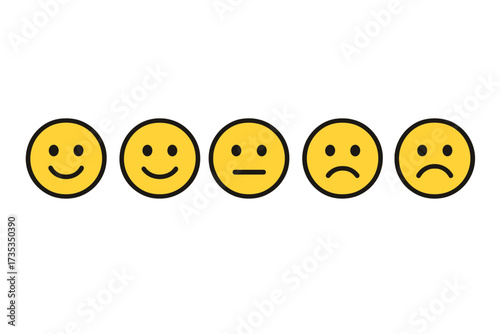 Feedback emoticons. Customer satisfaction rating scale. User experience review with smileys. Emotion meter from happy to sad face. Excellent, good, normal, bad, awful rank.