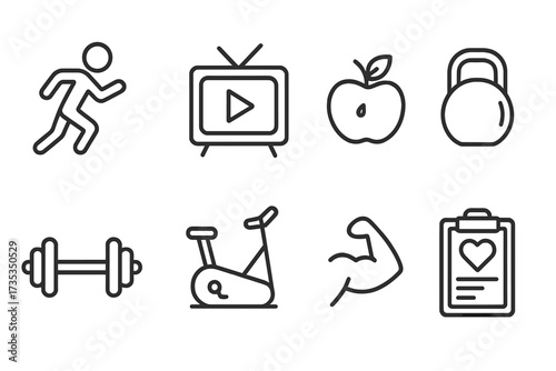 Fitness and workout line icon set. Healthy lifestyle concept with running, gym equipment, nutrition, and health plan symbols. Vector illustration for web and mobile apps.