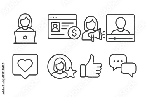 Blogger and influencer marketing line icon set. Social media engagement, content monetization, personal brand, video vlogging, likes, and comments. Vector illustration collection.