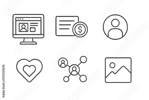 Blogger and influencer icon collection in thin line style. Social media marketing, blog monetization, personal brand, content creation, likes, user profile, and payment symbols.