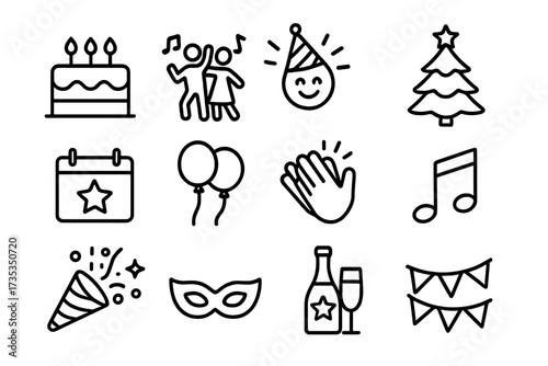 Celebration and party icon set in thin line style. Collection of vector symbols for birthday, new year, christmas, event, holidays, congrats, music, dancing and carnival.