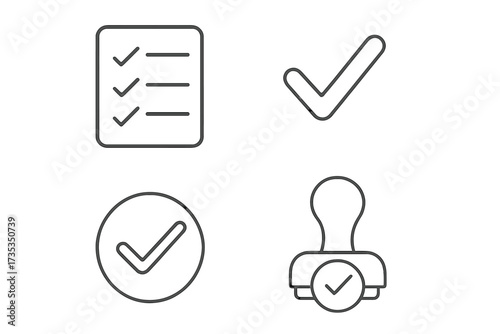 Checkmark approved web icon set in modern line style. Vector collection with checklist, accepted stamp, agree, and quality control symbols. For UI, UX and web design.
