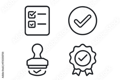Vector checkmark and approved web icon set in modern line style. Checklist, accepted stamp, quality control, and certification symbols. Confirmation and validation icons.