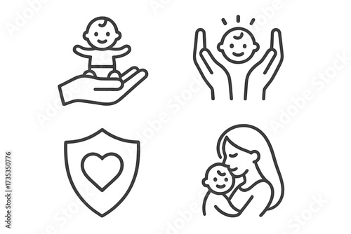 Child care icon set. Mother and baby line icons. Parenthood, support, safety, and love concepts. Vector symbols for family, newborn care, and child protection. Web graphics.