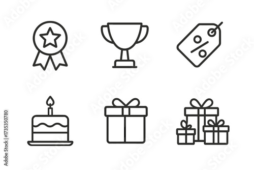 Gift and reward line icon set. Bonus, prize, award, and discount concepts. Vector icons for birthday, celebration, trophy, medal, sale tag, and loyalty program illustration.