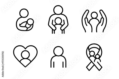Child care and family support icon set. Vector line art symbols for parenthood, adoption, protection, safety, and love. Awareness ribbon for children's health and causes.