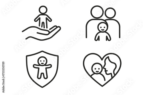 Child care icon set. Family support and children safety concept. Parenthood, adoption and parental love. Mother and child. Protection shield and helping hand symbols. Line art.