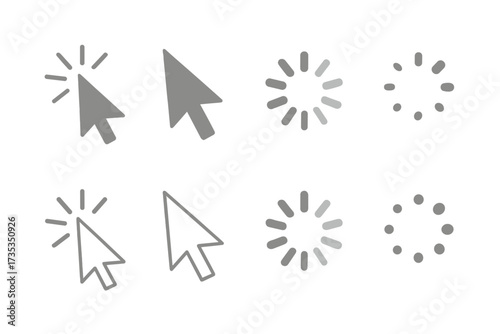 Computer mouse cursor arrow and click icon set. Vector pointer collection with loading spinner and wait progress bar elements. UI UX web design graphic symbols for interface.