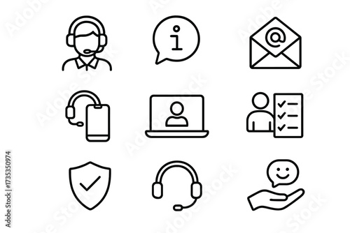 Customer service web icon set. Line style symbols for contact us, help desk and online support. Vector illustrations for feedback, assistance, and user satisfaction concepts.