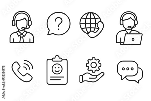 Customer service and support icon set. Thin line icons for contact us, call center, online help, and feedback. Vector collection of operator, headset, chat, and FAQ symbols.