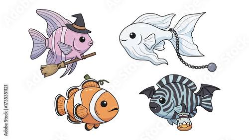 Whimsical Aquatic Halloween: A captivating tableau of whimsical aquatic creatures, each adorned with Halloween-themed accessories. From a witch's hat to ghostly chains.