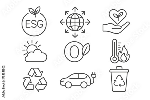 ESG Environmental Social Governance line icon set. Sustainable development and sustainability concept. Net zero, climate crisis, recycle, electric car, and ecology icons.