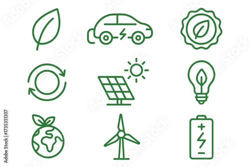Ecology and energy line icon set. Green technology and renewable power concepts. Vector collection of sustainability, nature, solar panel, wind turbine, and electric car symbols.