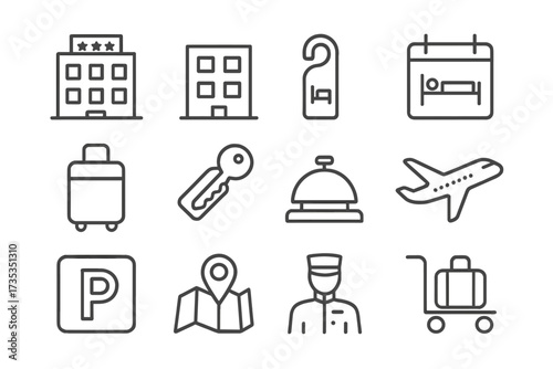 Hotel and travel line icon set. Vector collection for booking, reservation, accommodation service. Includes airport, parking, luggage, bellboy. UI UX web design elements.