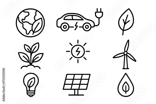 Ecology and energy line icon set. Green technology symbols. Renewable power concept for sustainability. Electric car, solar panel, wind turbine, leaf, plant. Vector graphic collection.